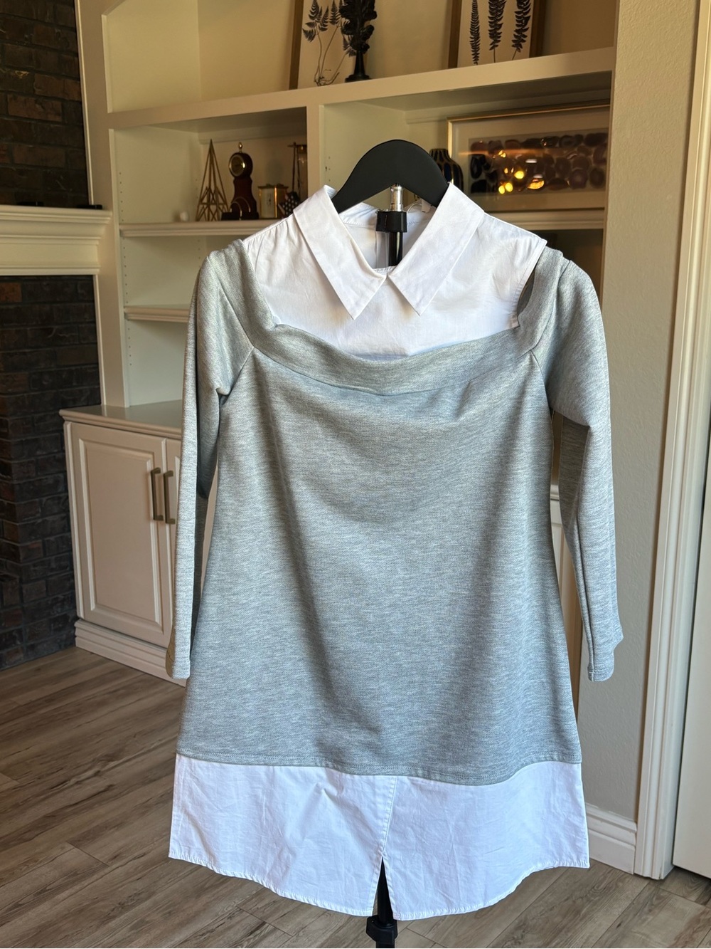 Grey Long-Sleeve Dress with White Collar and Hem